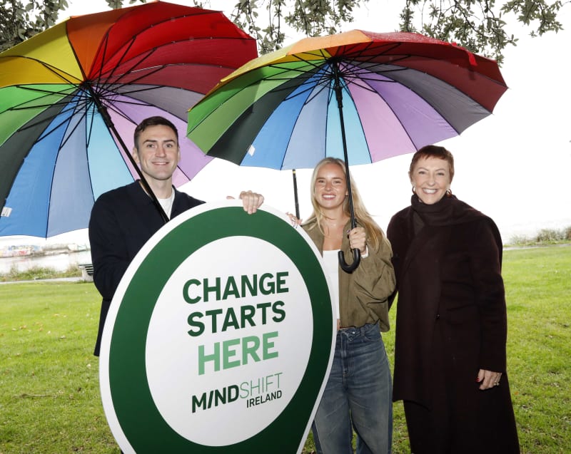 Three people holding rainbow umbrellas and a Change Starts Here Mindshift Ireland sign outdoors.