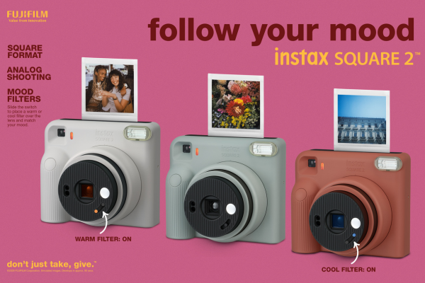 Fujifilm Instax Square 2 instant cameras in three colours with mood filters and square-format instant photos ejecting from each.