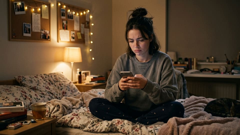 A young woman sitting on her bed looking at her phone with a slightly deflated expression, soft bedroom lighting, relatable and candid mood