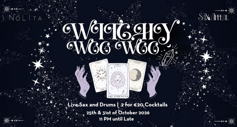 Witchy Woo Woo Halloween event flyer for NoLita and Sax Appeal, 25th and 31st October 2026.