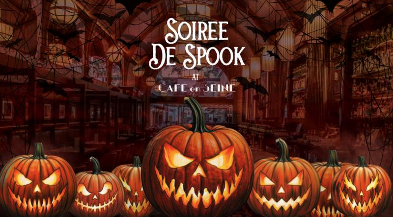 Halloween event poster for Soiree De Spook at Cafe en Seine with glowing jack-o'-lanterns and bats.