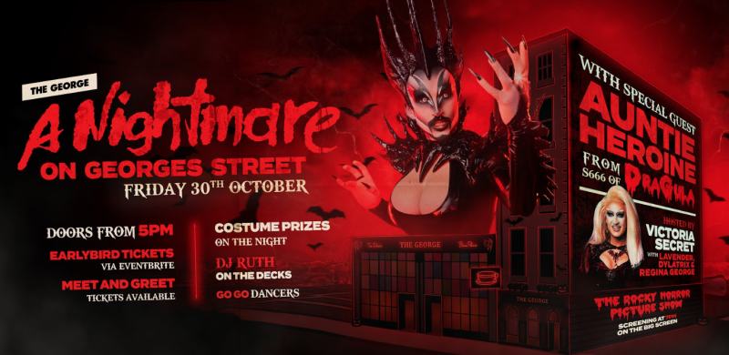 A Nightmare on Georges Street Halloween event poster at The George, Friday 30th October, featuring drag performers.