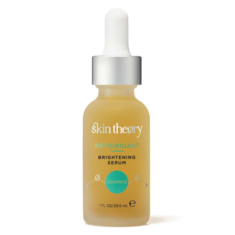 Skin Theøry Antioxidant Brightening Serum with liquorice, 29.6ml frosted amber dropper bottle.