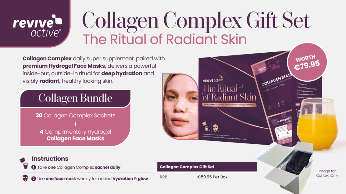 Revive Active Collagen Complex Gift Set box with hydrogel face masks and collagen sachets, worth €79.95, RRP €59.95.