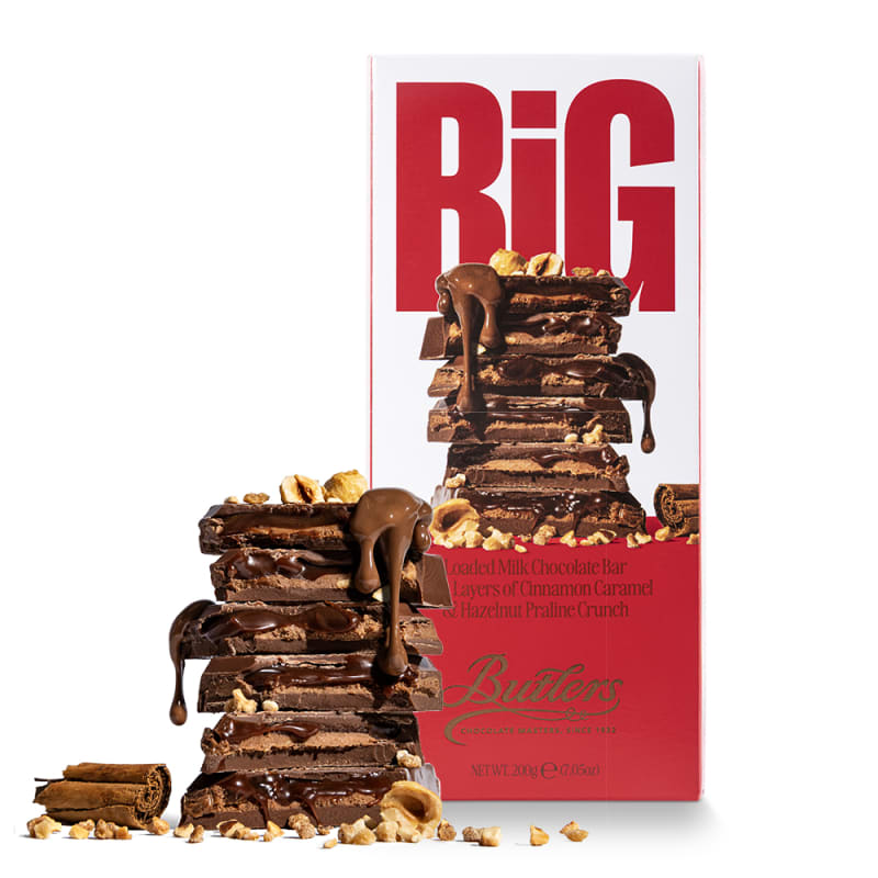 Butlers BiG Loaded Milk Chocolate Bar with cinnamon caramel and hazelnut praline crunch, 200g box and broken pieces.