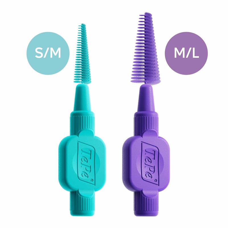TePe Easy Fit interdental brushes in two sizes: teal S/M and purple M/L, shown side by side.